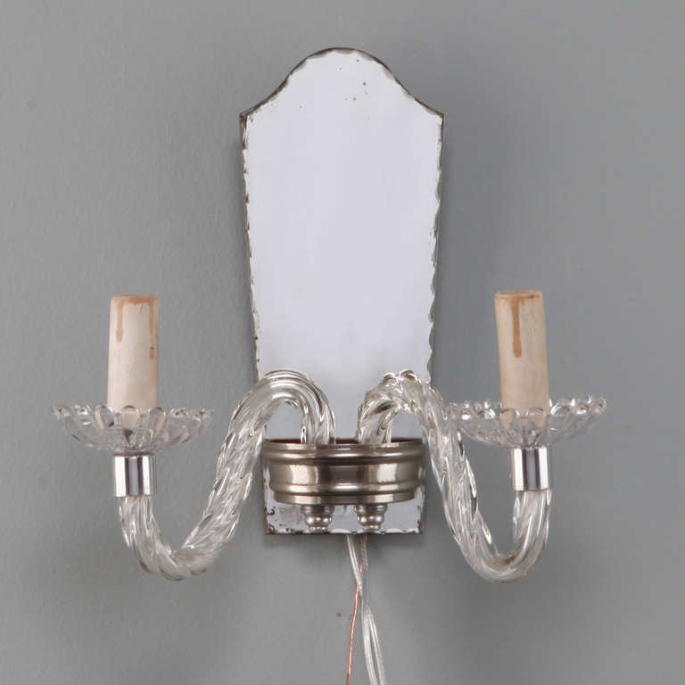 Mid-20th Century Pair of French Mirror Back Two Arm Sconces