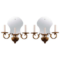 Pair of French Three Light Mirrored Giltwood Sconces