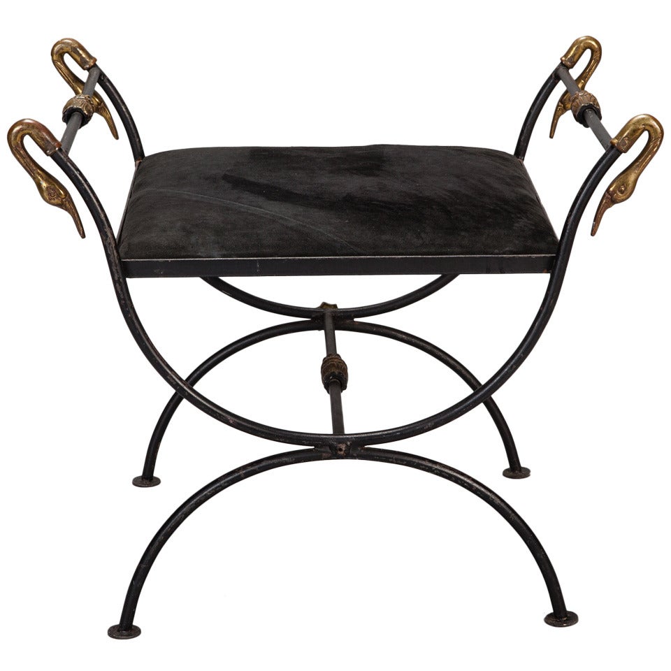 Neoclassical Style Iron Stool with Brass Swans