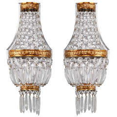 Vintage Pair of Beaded Sconces with Hanging Prisms