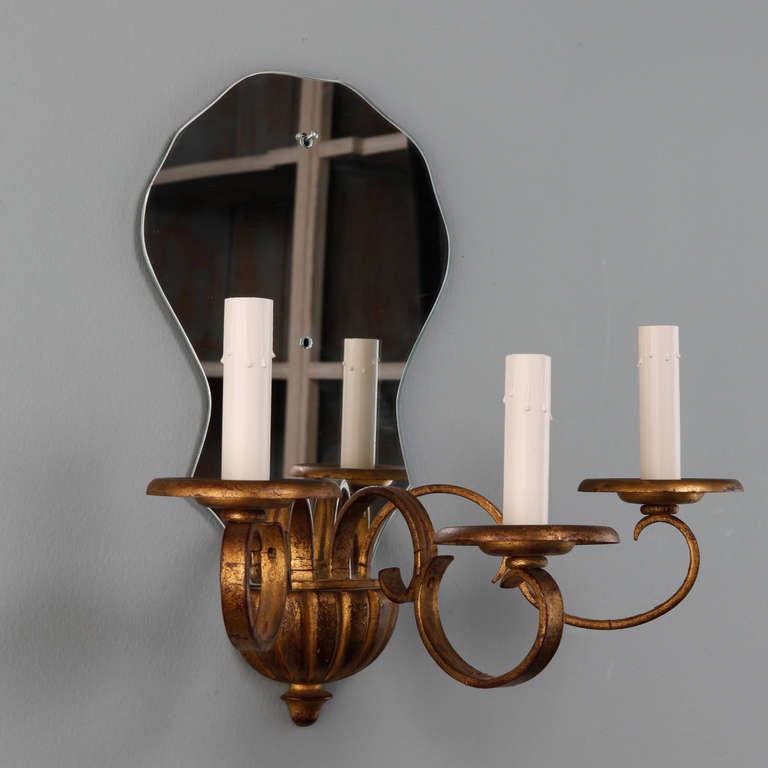Pair of French Three Light Mirrored Giltwood Sconces In Excellent Condition In Troy, MI