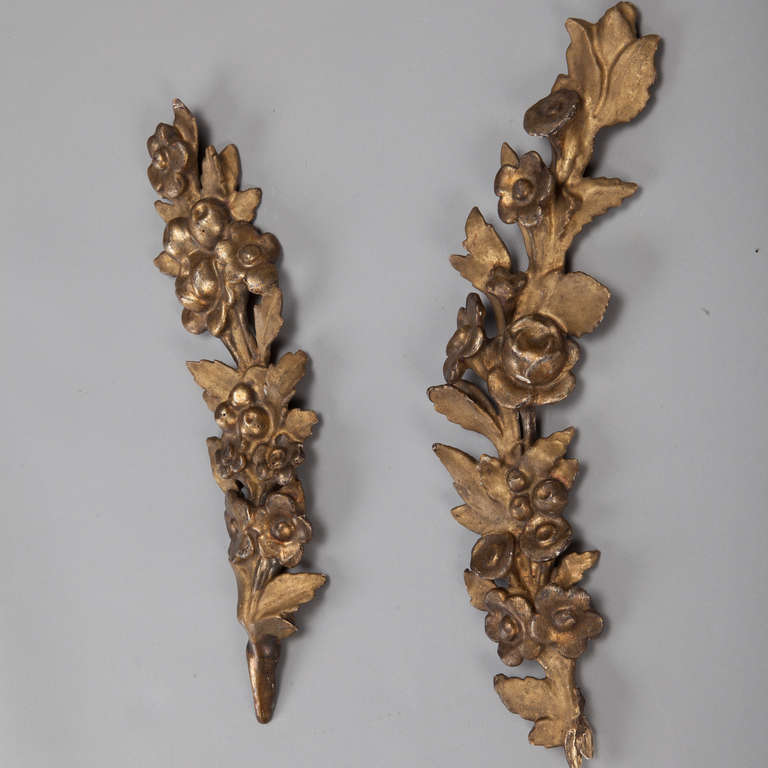 French Pair Tall Floral Gilt Wood Carvings