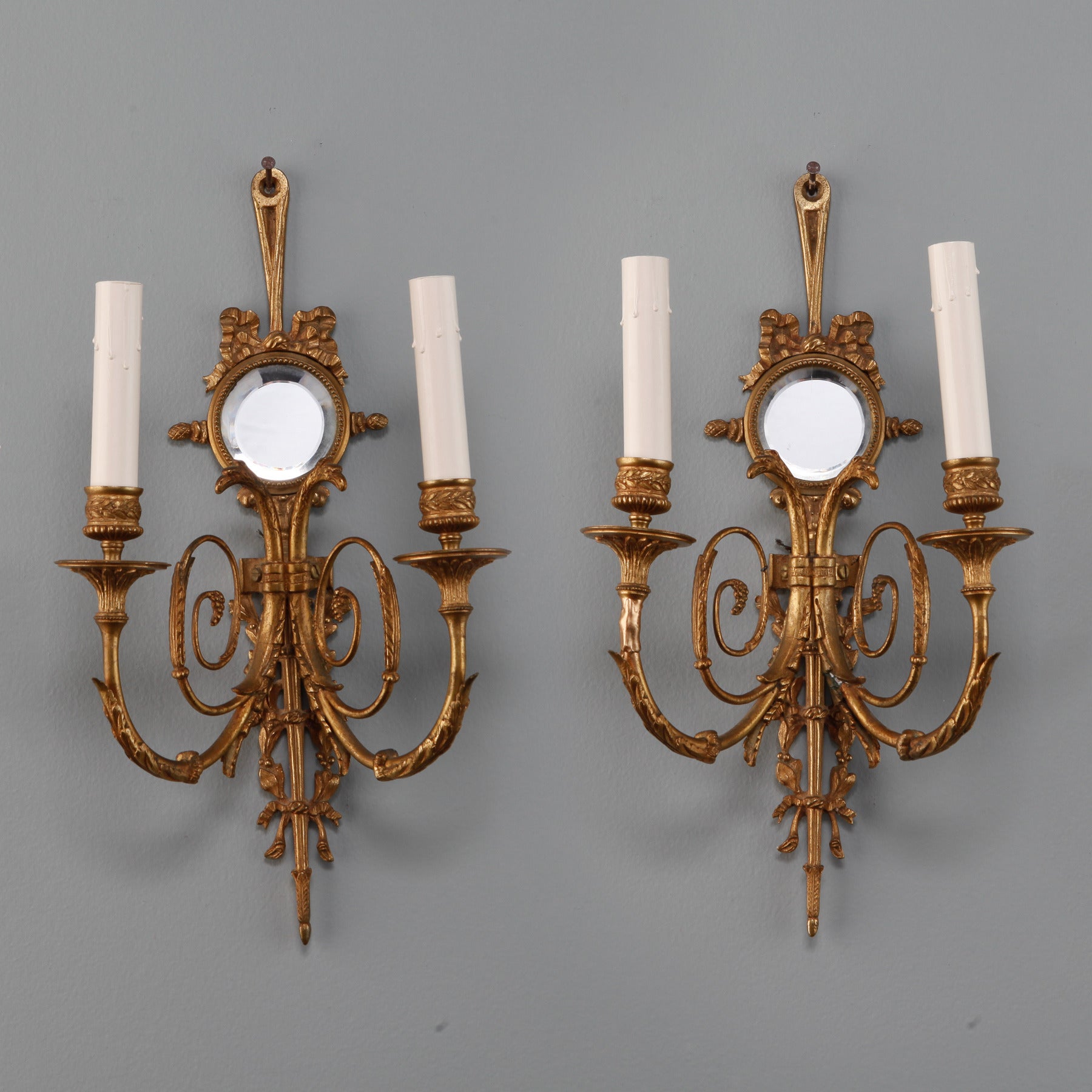 Pair French Two Light Sconces With Round Beveled Mirrors