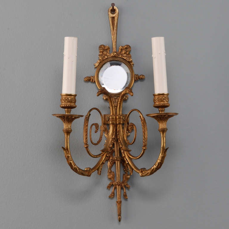 Pair French Two Light Sconces With Round Beveled Mirrors In Excellent Condition In Troy, MI