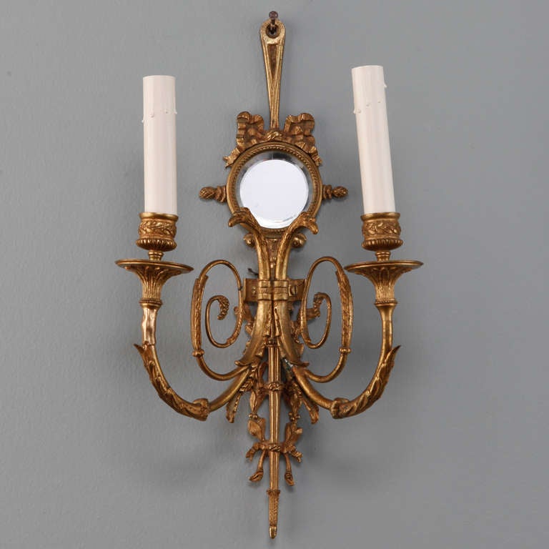 20th Century Pair French Two Light Sconces With Round Beveled Mirrors