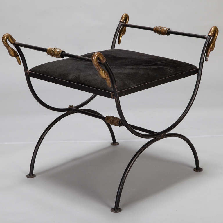 British Neoclassical Style Iron Stool with Brass Swans