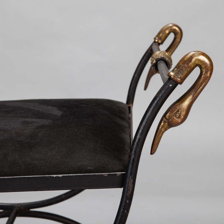 Mid-20th Century Neoclassical Style Iron Stool with Brass Swans