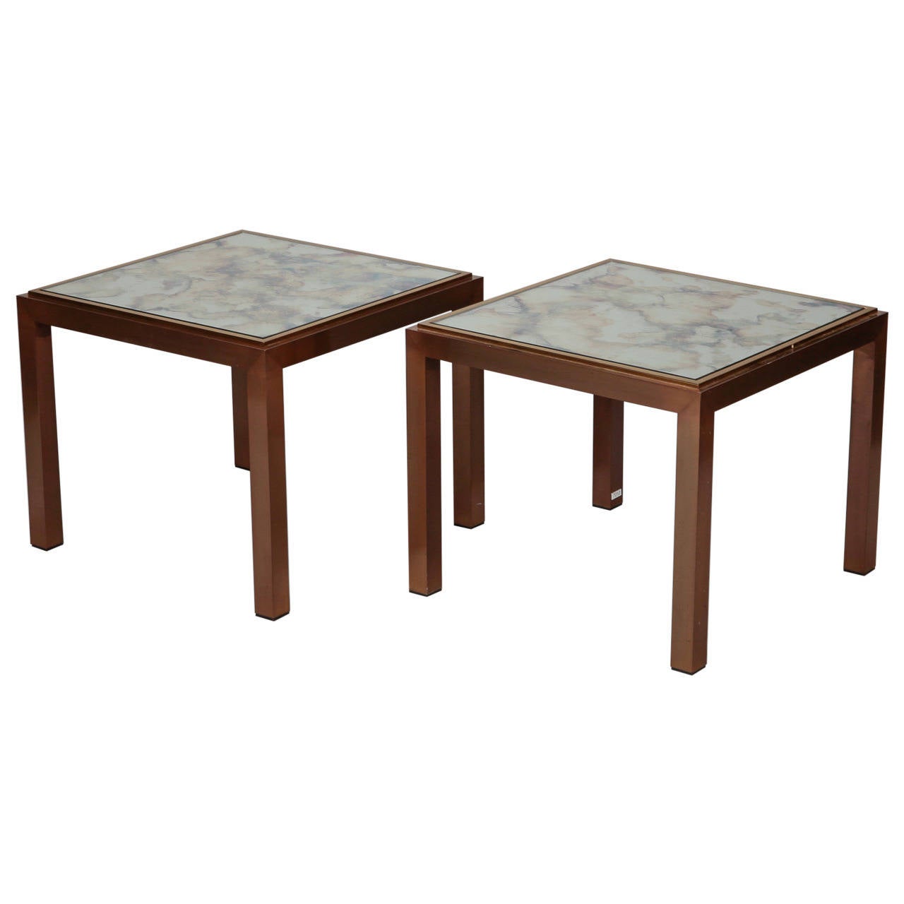 Pair of Square Bronze Metal End Tables with Marbelized Mirror Tops For