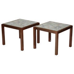 Pair of Square Bronze Metal End Tables with Marbelized Mirror Tops 3