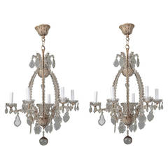 Antique Pair of Italian Chandeliers with Round Beads and Original Beaded Canopies