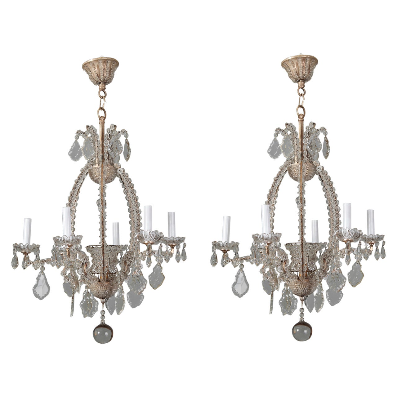 Pair of Italian Chandeliers with Round Beads and Original Beaded Canopies