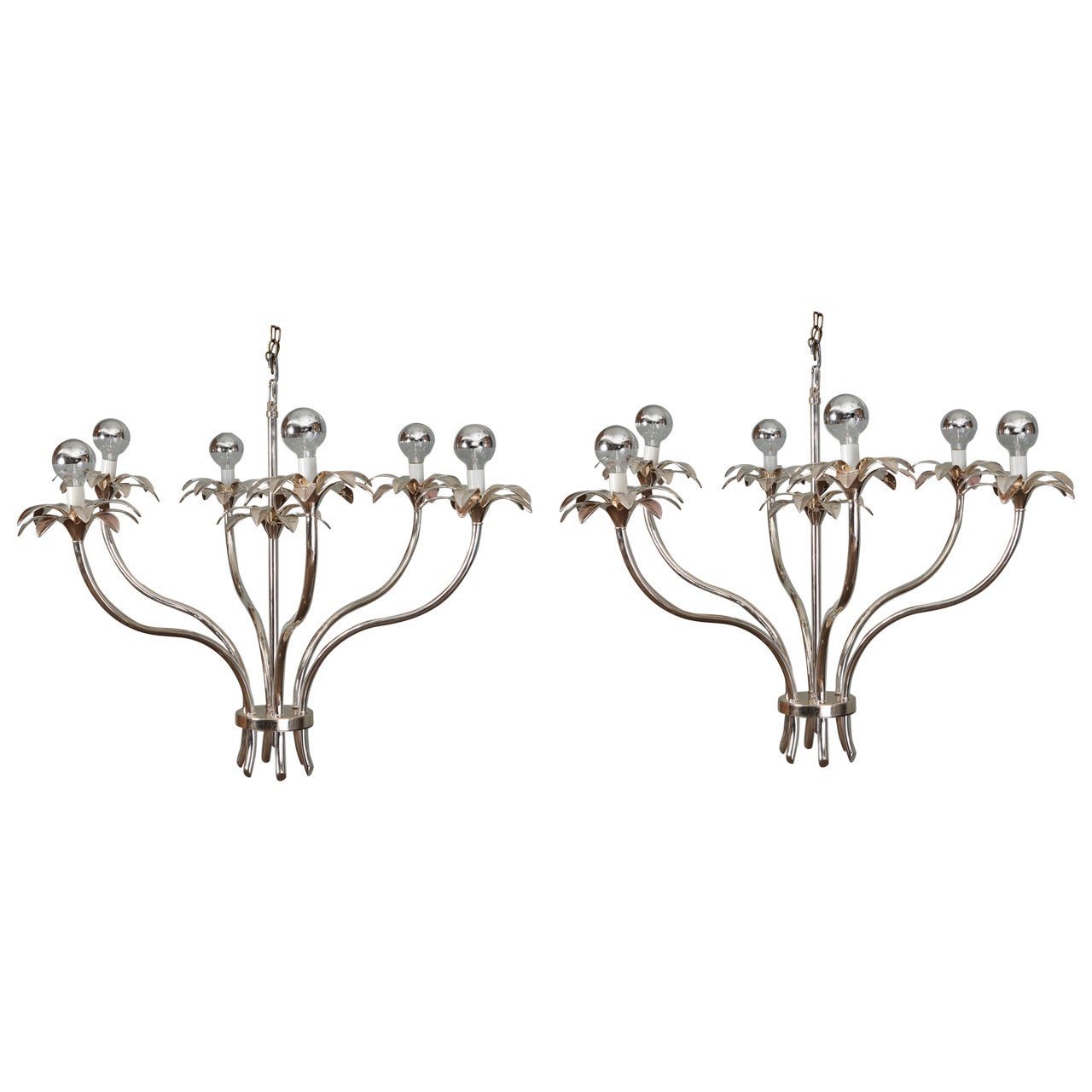 Pair of Mid-Century Nickel Floral Stem Form Chandeliers