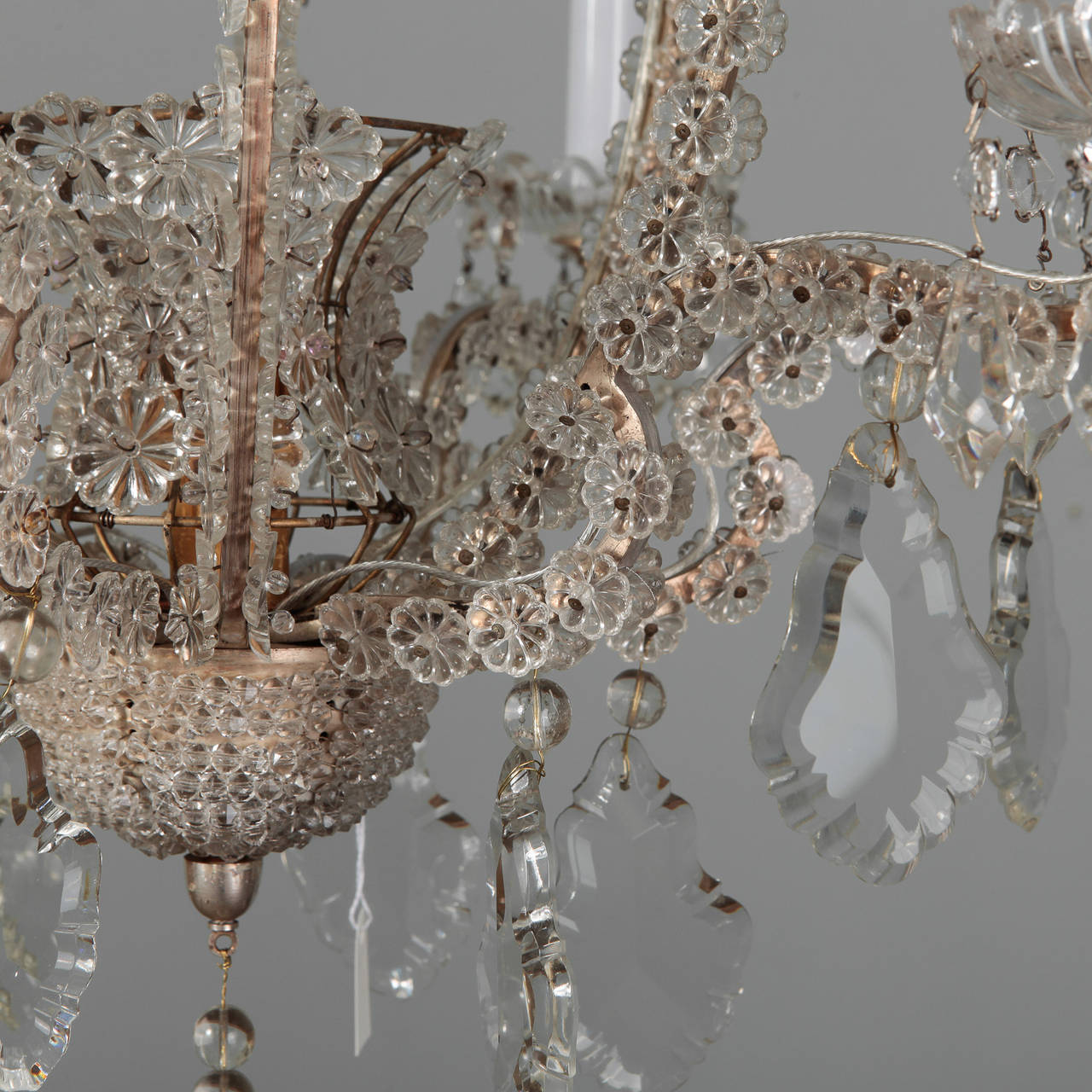 Early 20th Century Pair of Italian Chandeliers with Round Beads and Original Beaded Canopies