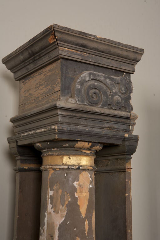 Wood Pair Unusual French Columns with Corner Pieces and Original Paint