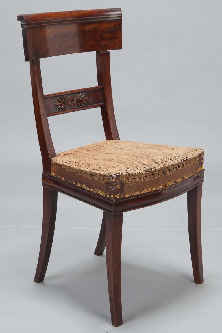Circa 1825 set of six dining chairs with horsehair seats - ready for upholstery - and walnut frames. Seats are 18” high and 13.5