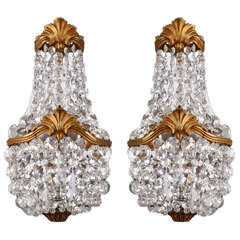 Pair of All Beaded Sconces with Gilded Shell Crest