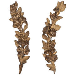 Pair Tall Floral Gilt Wood Carvings