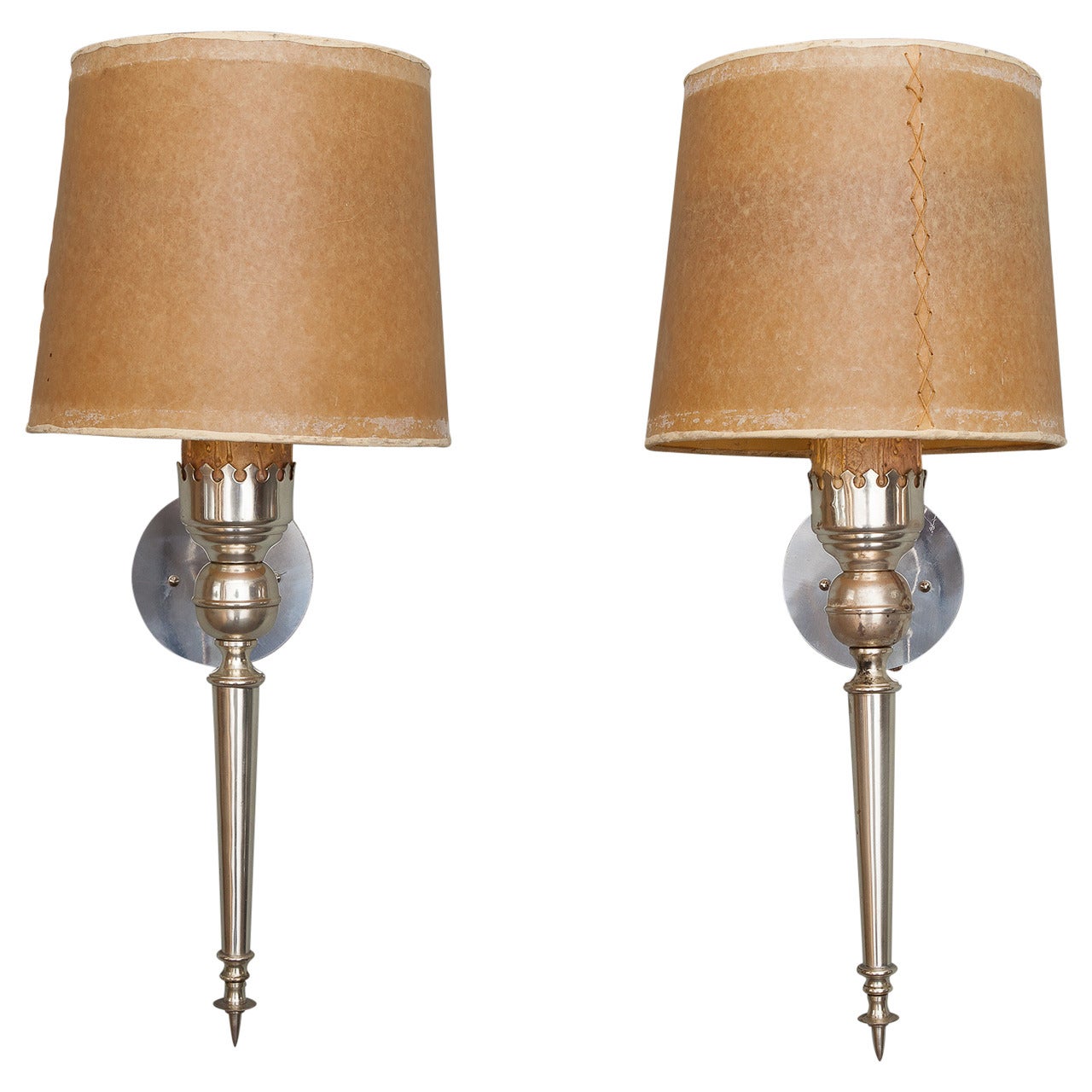 Pair Silver Tone Italian Neoclassical Sconces with Shades