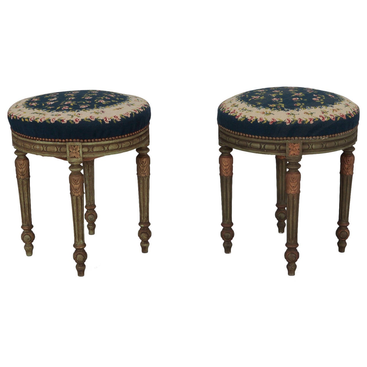 Pair of French Round Stools with Blue Needlework Upholstery For Sale at