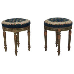 Pair of French Round Stools with Blue Needlework Upholstery 4