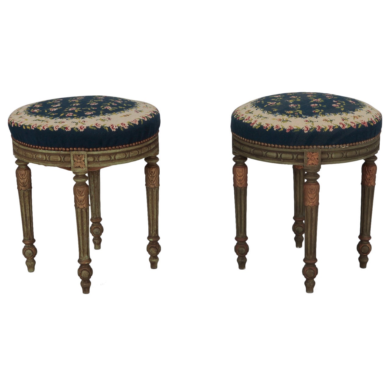 Pair of French Round Stools with Blue Needlework Upholstery