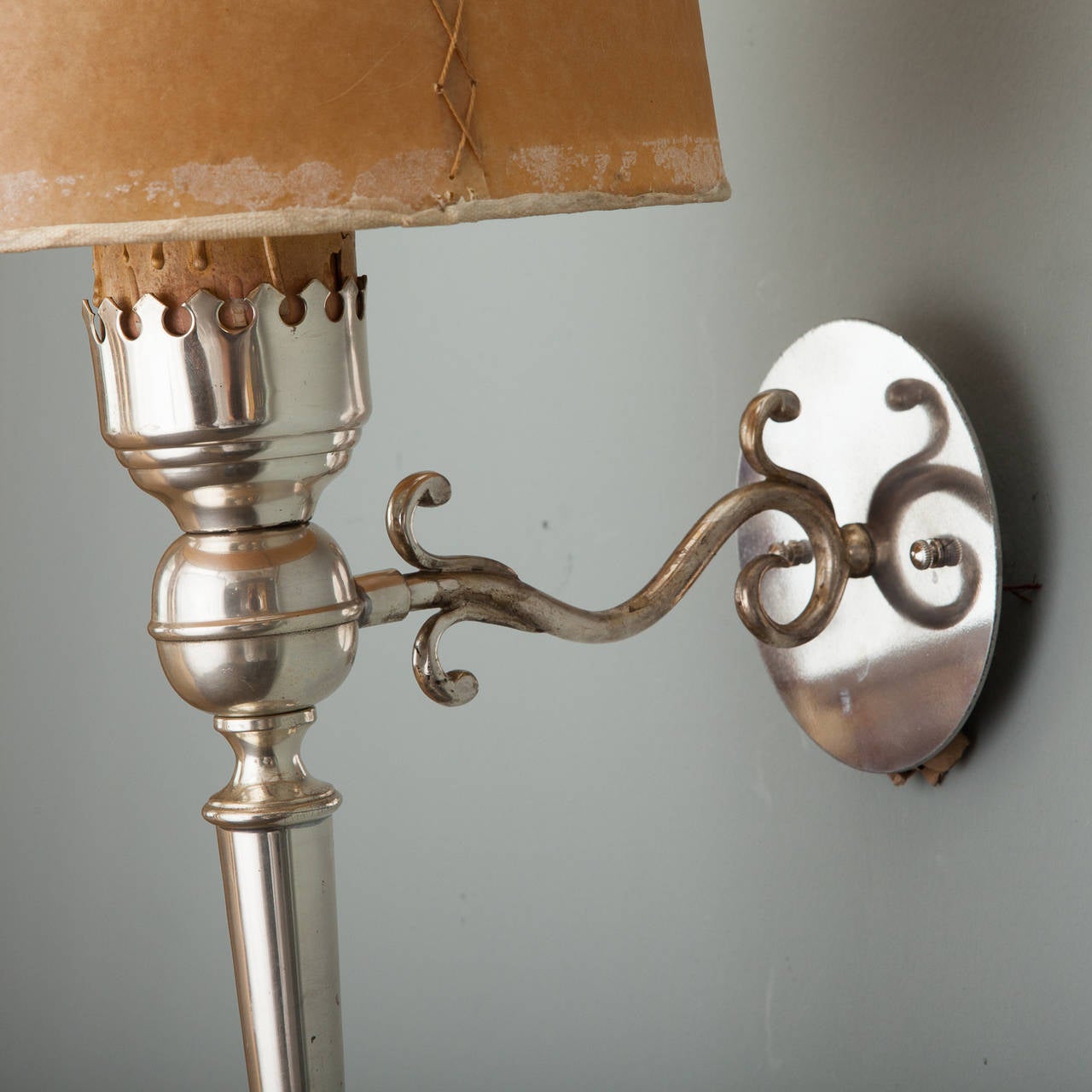 Pair Silver Tone Italian Neoclassical Sconces with Shades In Good Condition In Troy, MI