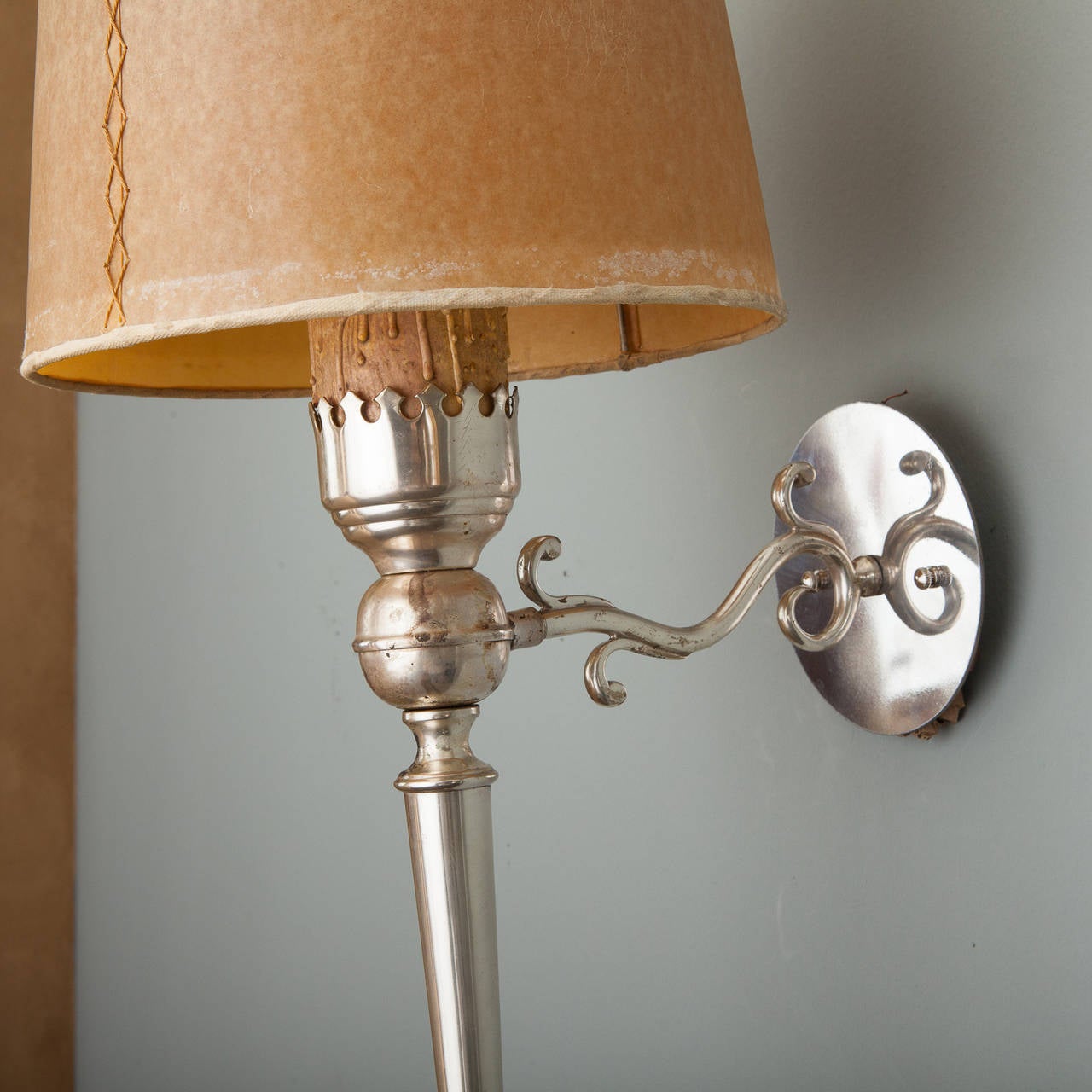 Pair Silver Tone Italian Neoclassical Sconces with Shades 4