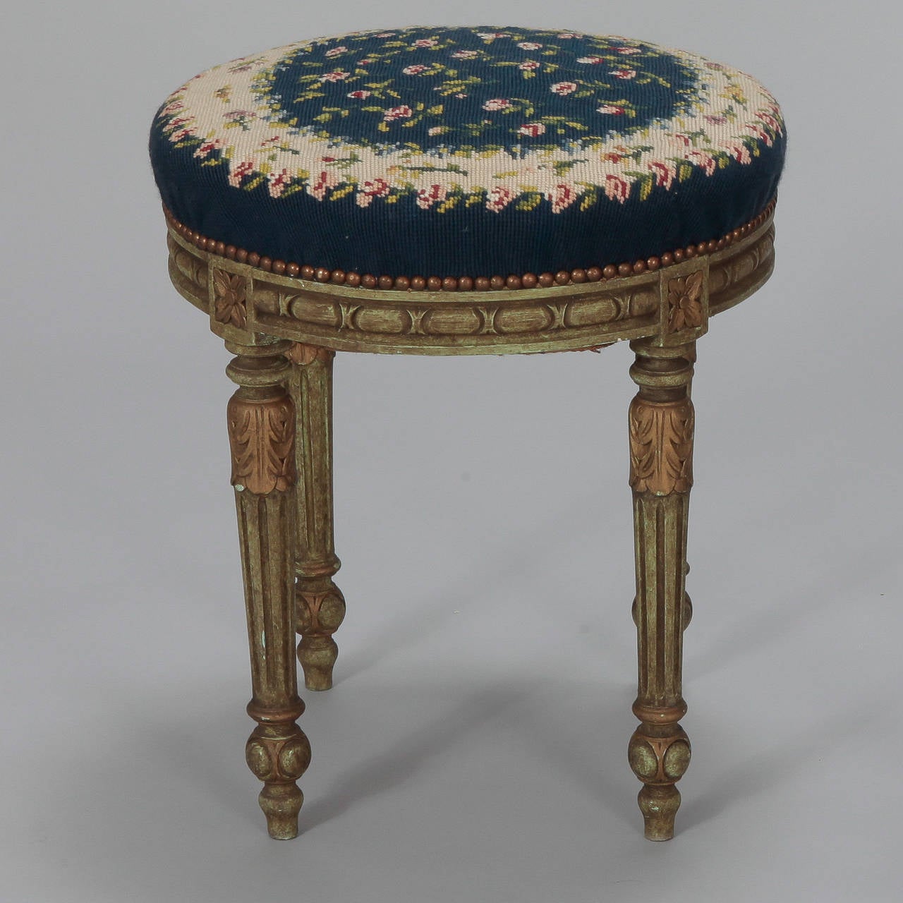 Wood Pair of French Round Stools with Blue Needlework Upholstery