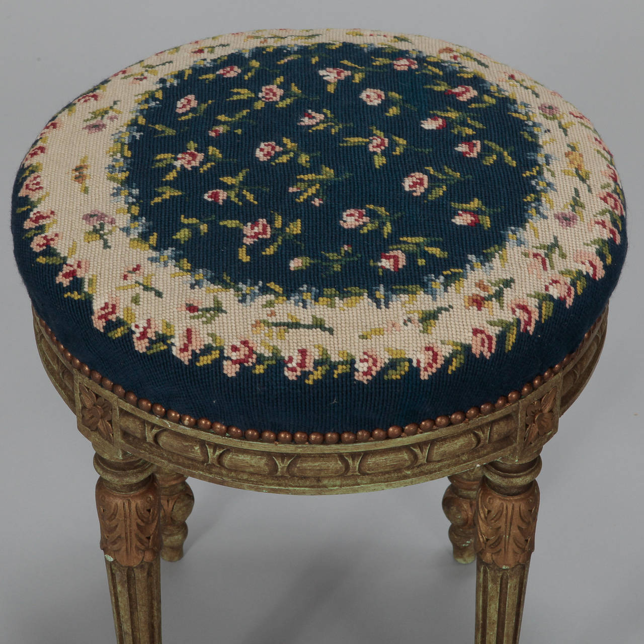 Early 20th Century Pair of French Round Stools with Blue Needlework Upholstery
