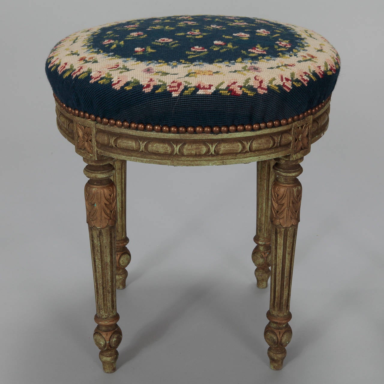 Pair of French Round Stools with Blue Needlework Upholstery 1