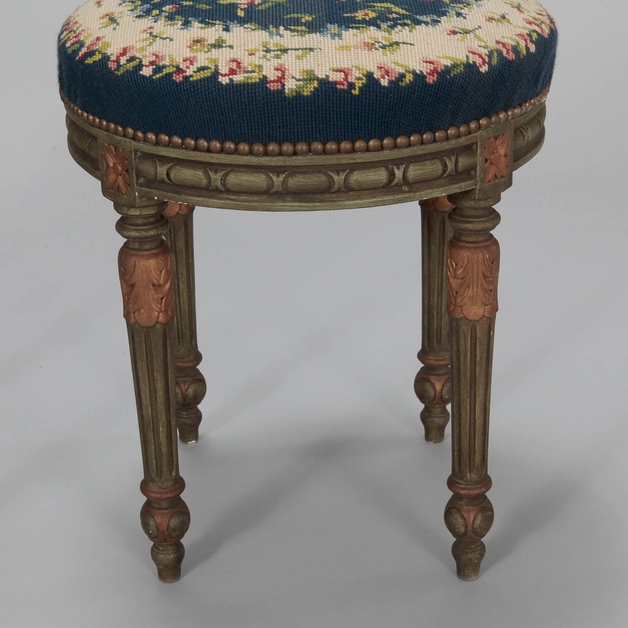 Pair of French Round Stools with Blue Needlework Upholstery 2