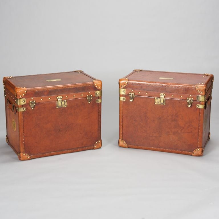 Pair of Brown Leather and Brass Trunks