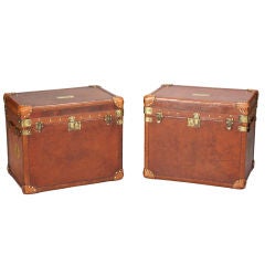 Antique Pair of Brown Leather and Brass Trunks