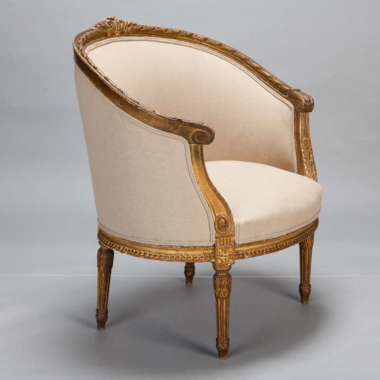 Carved French Round Louis XVI Style Gilt Frame Chair  