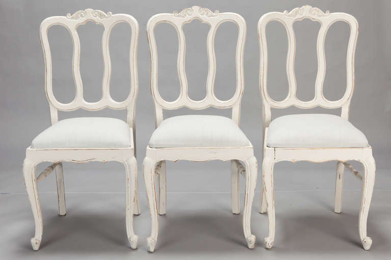 Set of Eight French White Painted Open Back Dining Chairs