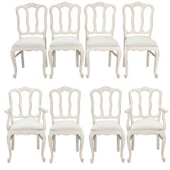 Antique Set of Eight French White Painted Open Back Dining Chairs