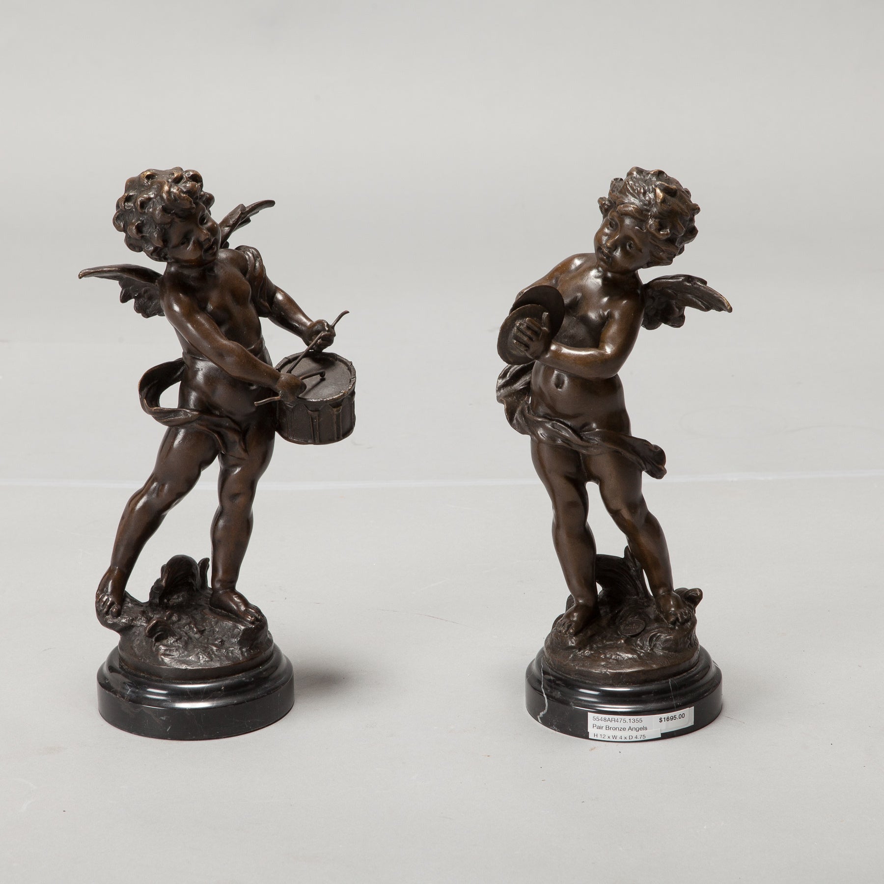 Pair of Bronze Angels with Cymbals and Drum