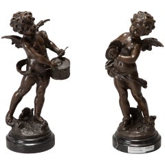 Antique Pair of Bronze Angels with Cymbals and Drum