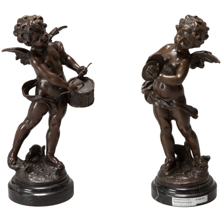Pair of Bronze Angels with Cymbals and Drum 2
