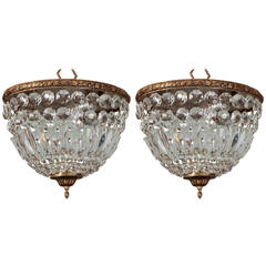 Pair Brass and Crystal Flush Mount Basked Shape Fixtures