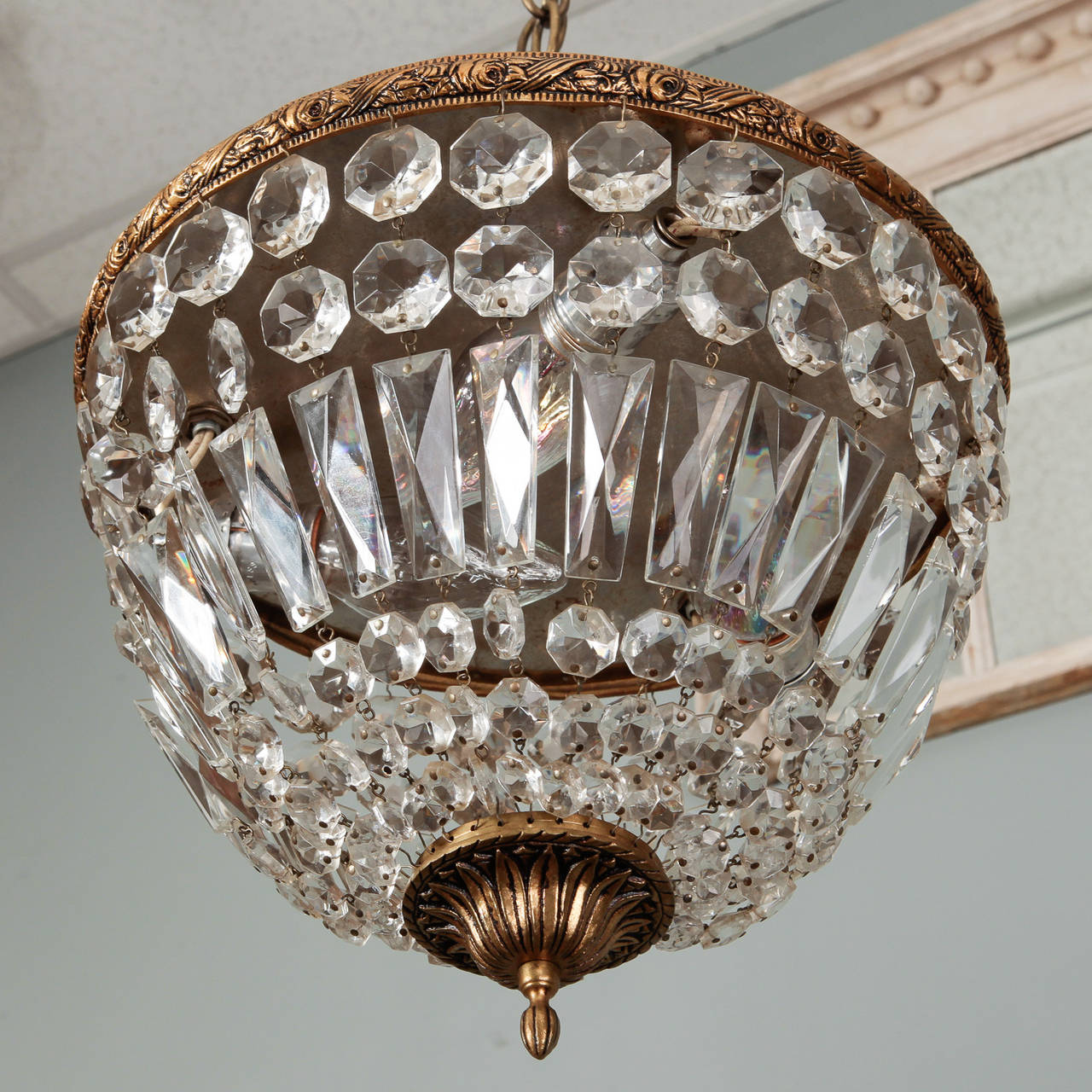 French Pair Brass and Crystal Flush Mount Basked Shape Fixtures