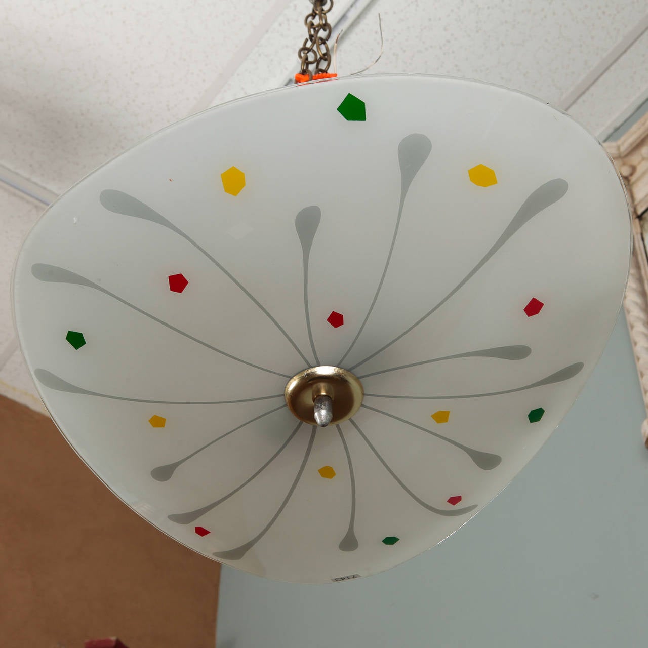 Circa 1980s German light fixture with op art styling in white satin glass with a whimsical gray and multi color design. White ceiling canopy and new electrical wiring for US standards.