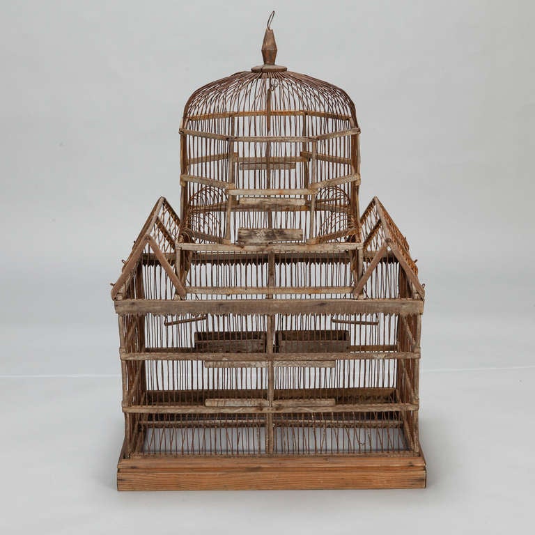 English wooden bird cage has a nice shape with large domed top, circa 1890s.
 