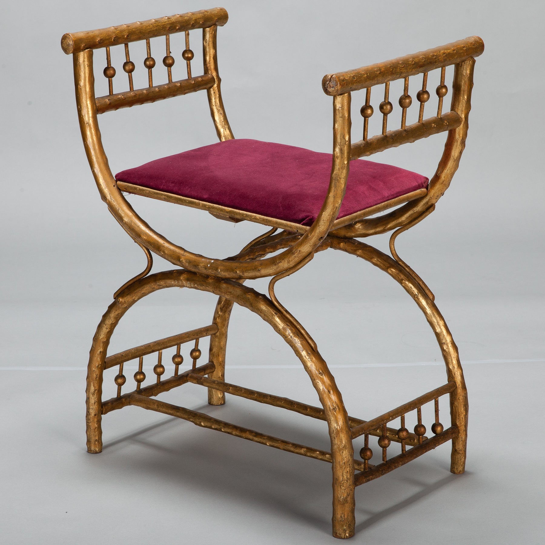 Gilt Wood Egyptian Style Stool with Velvet Seat