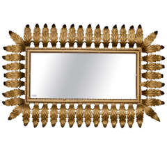 Mid Century Rectangular Gilt Metal Sunburst Mirror