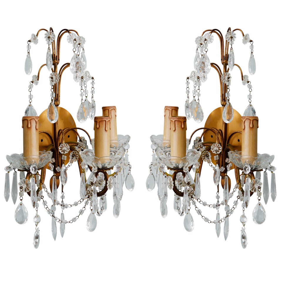 Pair of French Three-Arm Crystal and Brass Sconces