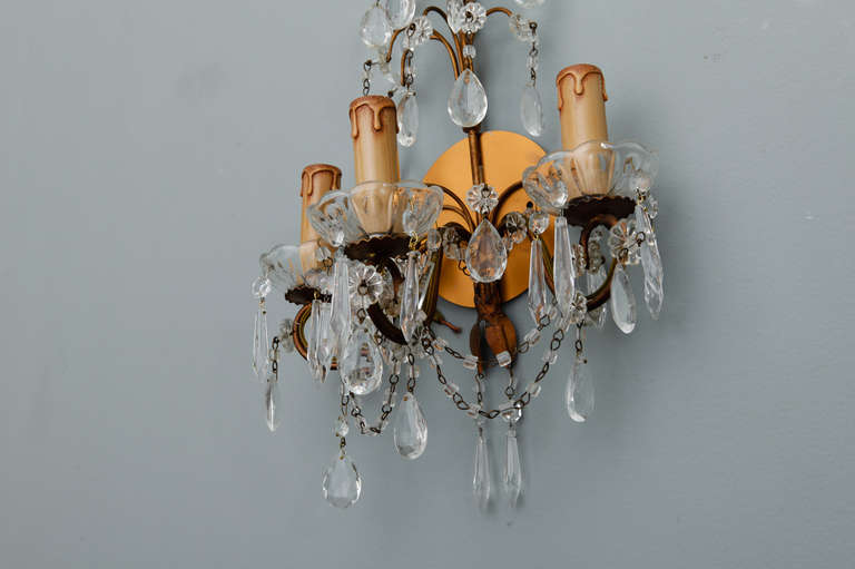 Pair of French Three-Arm Crystal and Brass Sconces In Excellent Condition In Troy, MI