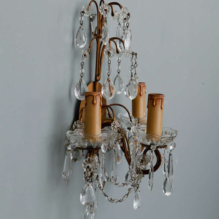 20th Century Pair of French Three-Arm Crystal and Brass Sconces