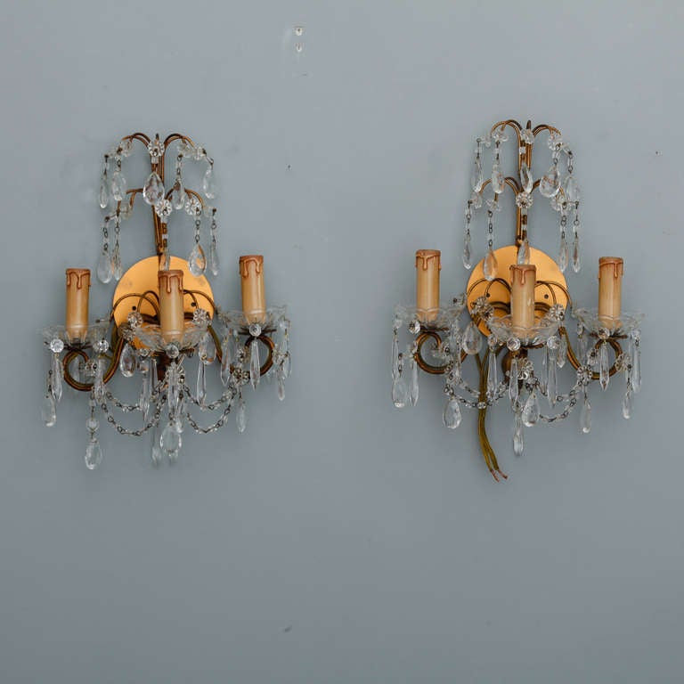 Pair of French Three-Arm Crystal and Brass Sconces 1