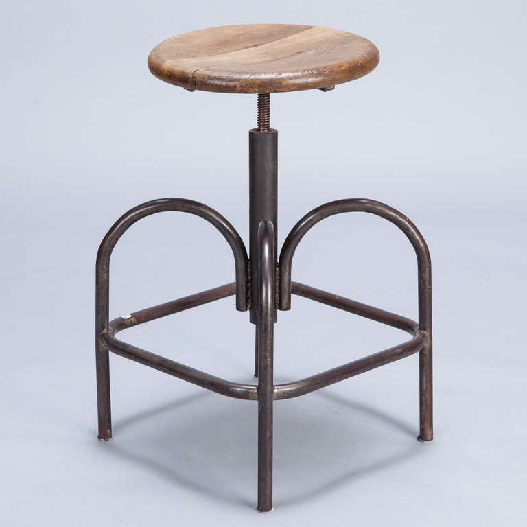 Unknown Adjustable Wood and Steel Industrial Stool